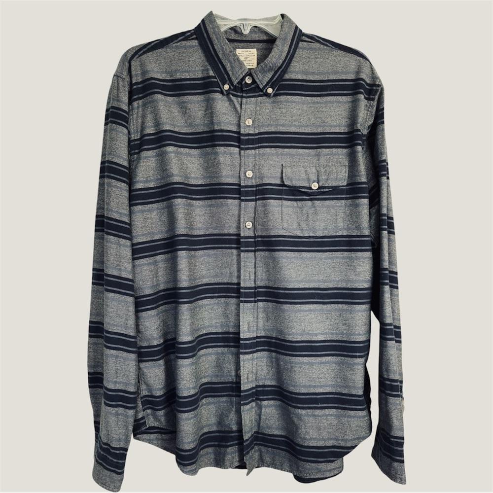 J. Crew Men’s Workshirt Cotton Long Sl Button Down Grey Navy Striped Shirt SZ Lg